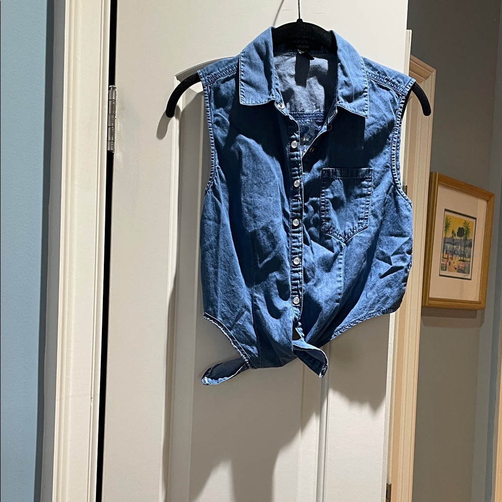 Sleeveless Denim Button-Up Shirt